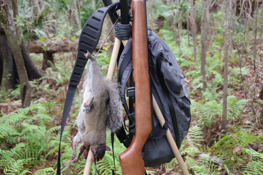 A rifle, backpack, and squirrels hang from a tripod. In the background is thick vegetation and trees. 