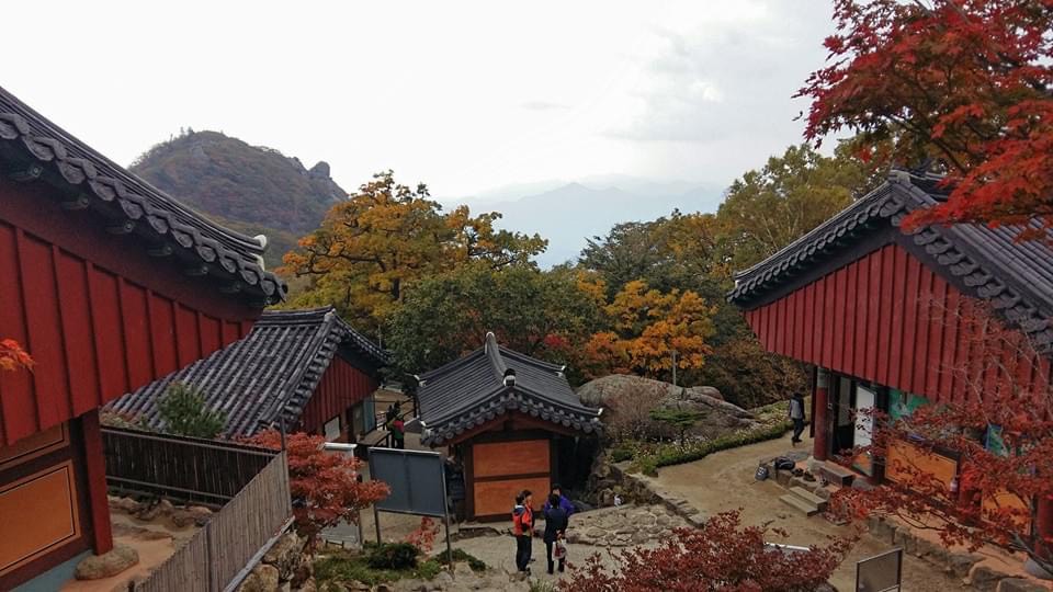 A Buddhist monastery on a mountainside in Jirisan National Park, South Korea along the Baekdu-Daegan.