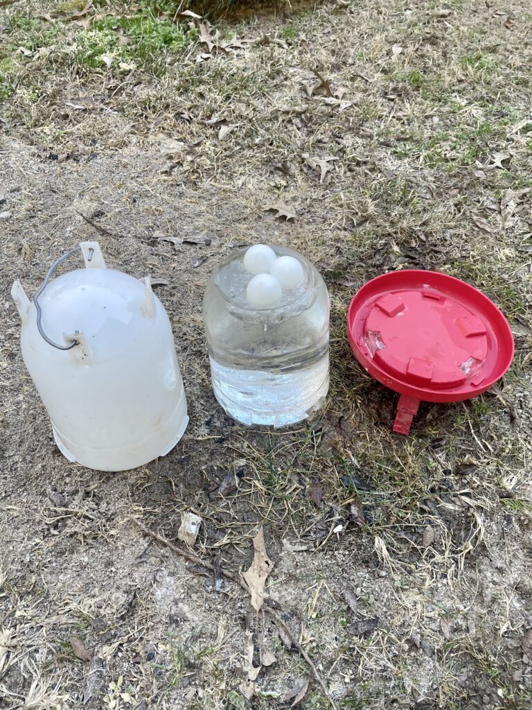 Frozen one gallon chicken waterer.